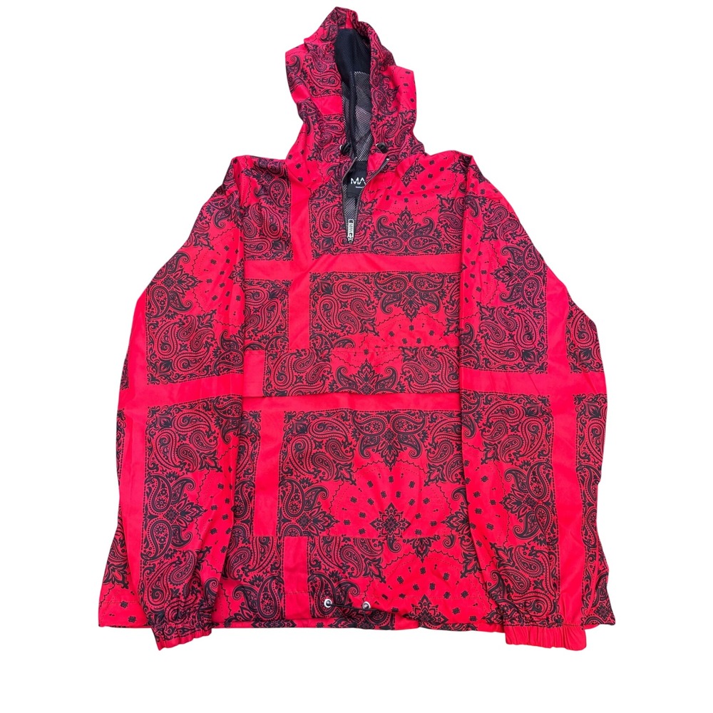 boohooMAN Mens XL Red Paisley Bandana Print Quarter Zip Hooded Windbreaker